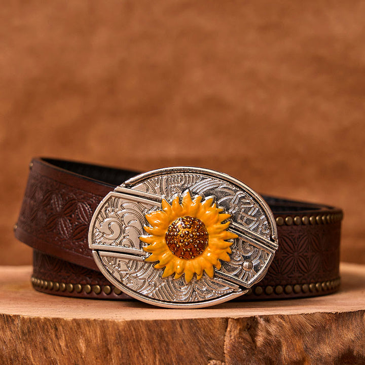 Cinturón de cuero con hebilla estilo western para hombre, con diseño de girasol colorido y cuchillo oculto (Preventa)
