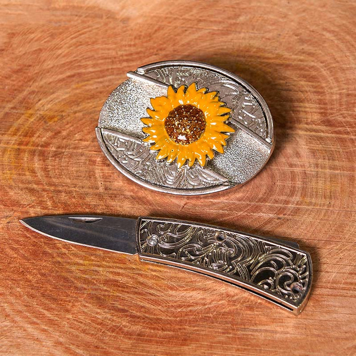 Cinturón de cuero con hebilla estilo western para hombre, con diseño de girasol colorido y cuchillo oculto (Preventa)
