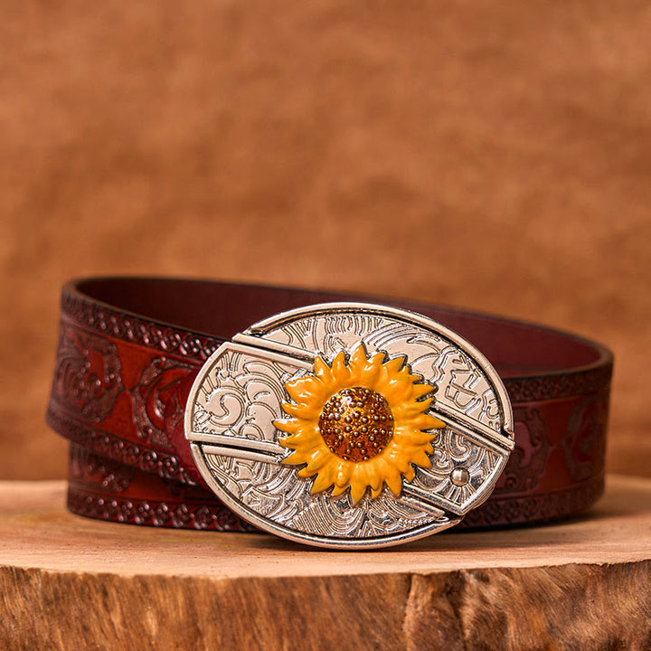 Cinturón de cuero con hebilla estilo western para hombre, con diseño de girasol colorido y cuchillo oculto (Preventa)