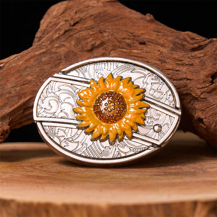 Cinturón de cuero con hebilla estilo western para hombre, con diseño de girasol colorido y cuchillo oculto (Preventa)