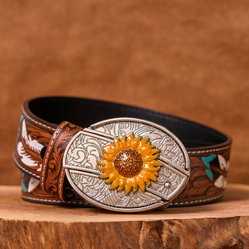 Cinturón de cuero con hebilla estilo western para hombre, con diseño de girasol colorido y cuchillo oculto (Preventa)