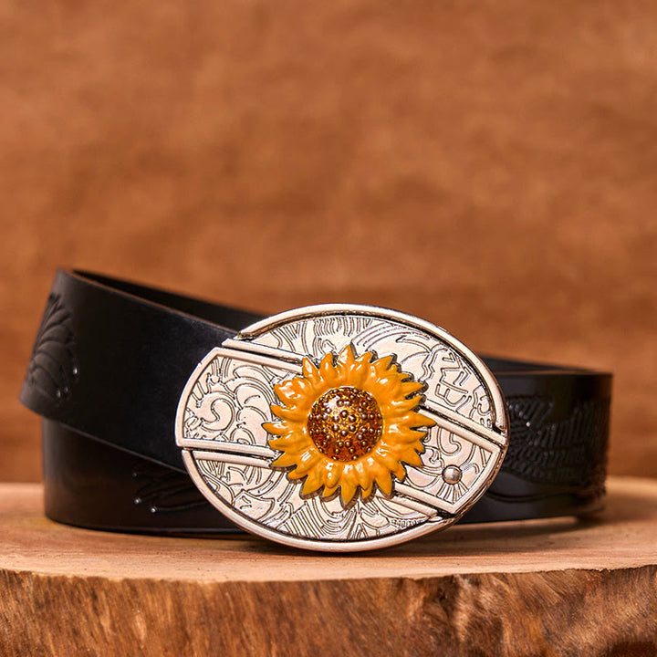 Cinturón de cuero con hebilla estilo western para hombre, con diseño de girasol colorido y cuchillo oculto (Preventa)