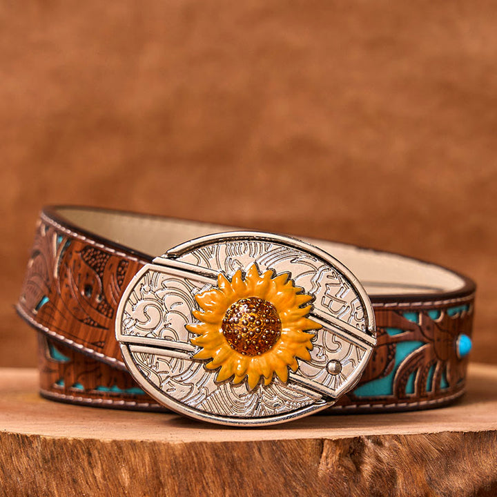 Cinturón de cuero con hebilla estilo western para hombre, con diseño de girasol colorido y cuchillo oculto (Preventa)
