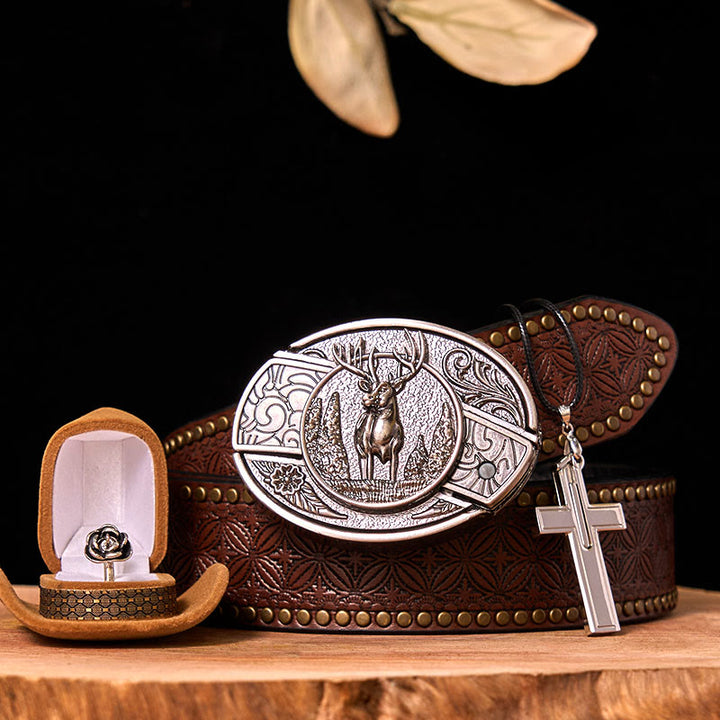 Hebilla de cinturón con cuchillo oculto y anillo de rosa, DIY, con diseño de ciervo del bosque