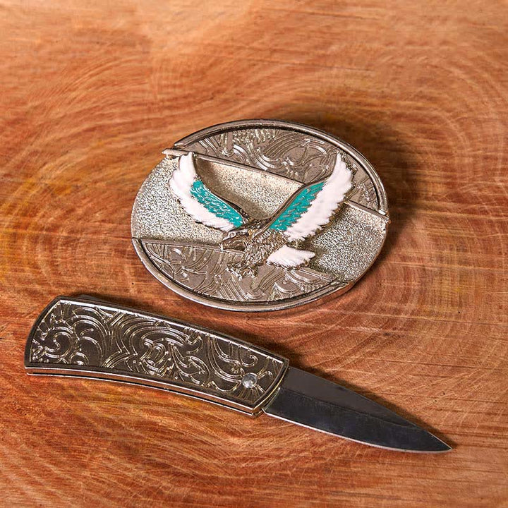 Cinturón de cuero con navaja plegable oculta con águila voladora azul y blanca para hombre (Preventa)