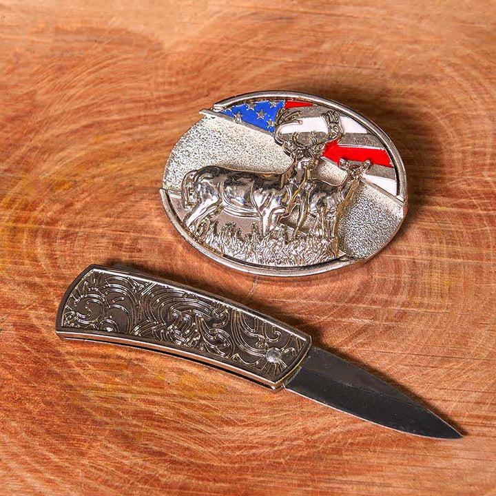 Cinturón de cuero para hombre, esmaltado, con diseño de bandera de EE. UU. y ciervo, con navaja oculta (preventa)