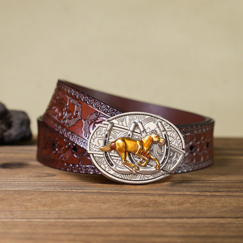 Cinturón de cuero con hebilla occidental, cuchillo oculto, caballo en forma de U (Preventa)