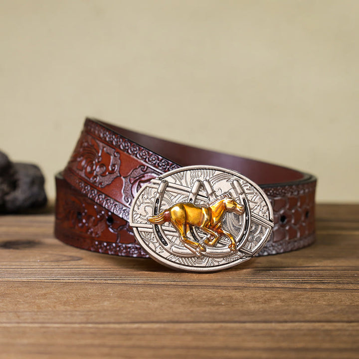 Cinturón de cuero con hebilla occidental, cuchillo oculto, caballo en forma de U (Preventa)