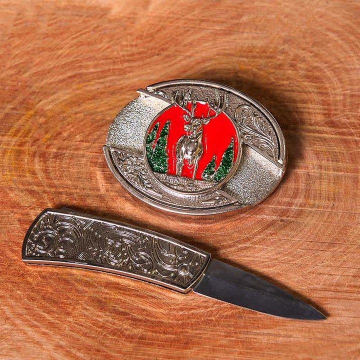 Cinturón de cuero con cuchillo plegable oculto de alce de montaña de colores para hombre (preventa)