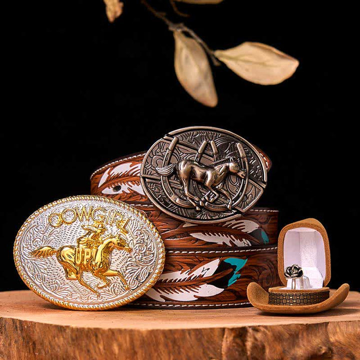 Conjunto de hebilla de cinturón con forma de vaquera, con diseño de caballo corriendo y cuchillo oculto, con anillo de rosa giratorio