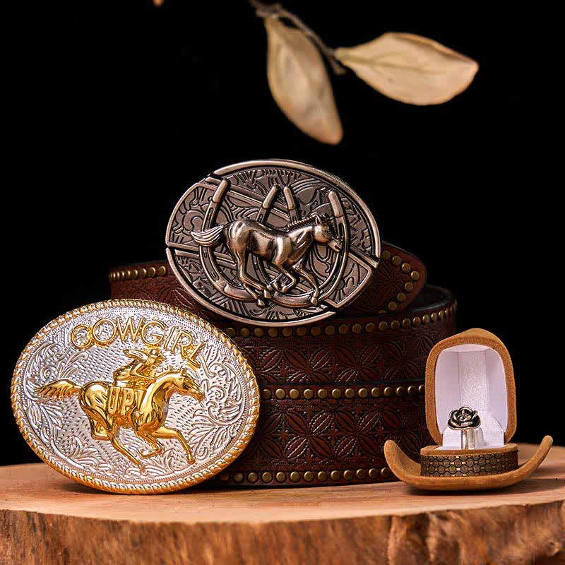 Conjunto de hebilla de cinturón con forma de vaquera, con diseño de caballo corriendo y cuchillo oculto, con anillo de rosa giratorio