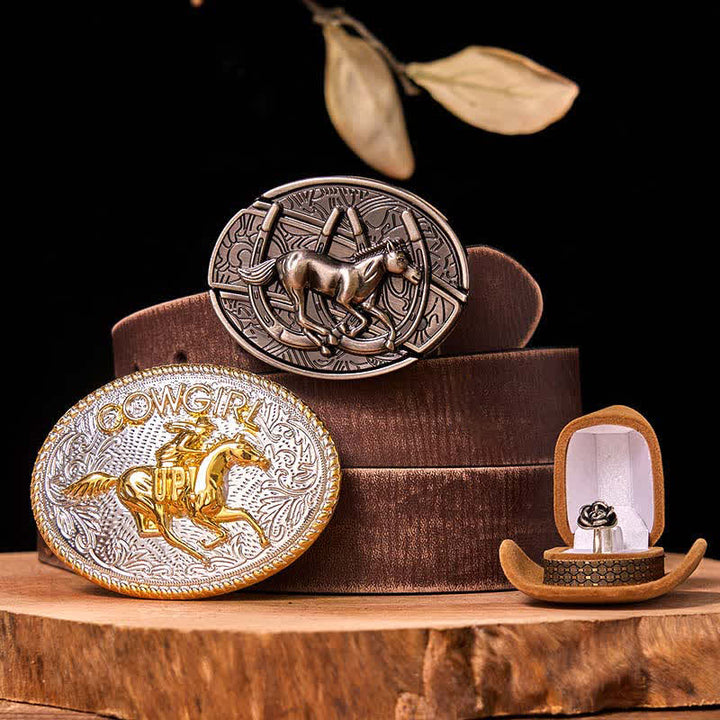 Conjunto de hebilla de cinturón con forma de vaquera, con diseño de caballo corriendo y cuchillo oculto, con anillo de rosa giratorio