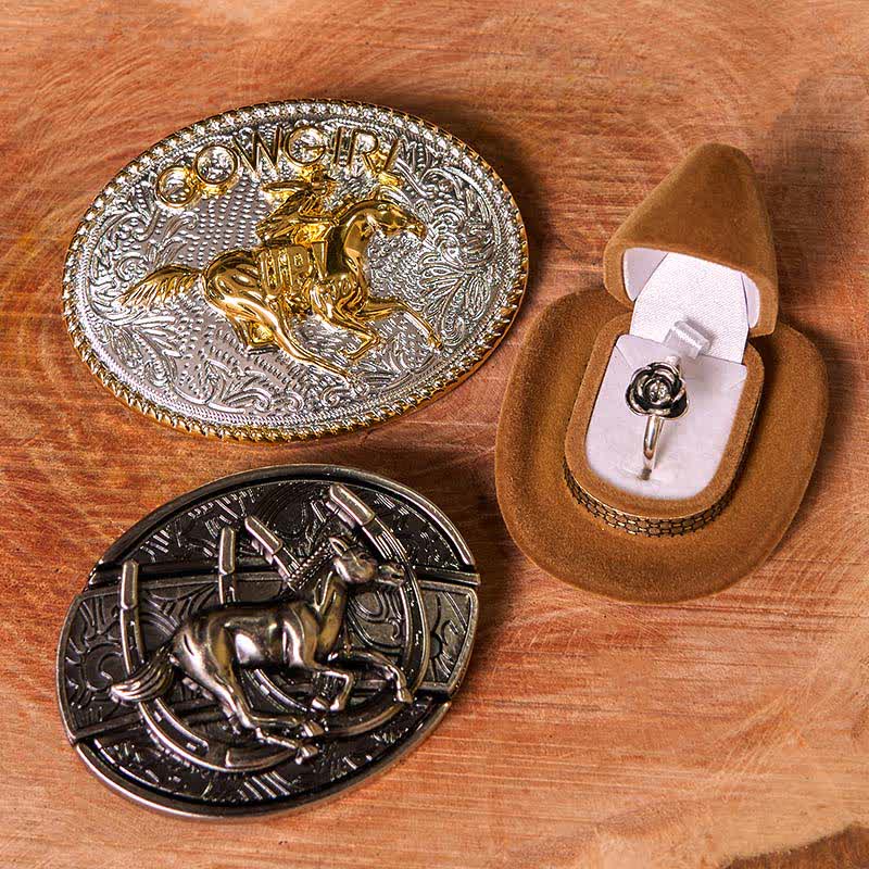 Conjunto de hebilla de cinturón con forma de vaquera, con diseño de caballo corriendo y cuchillo oculto, con anillo de rosa giratorio