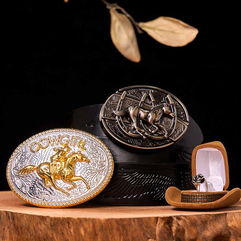 Conjunto de hebilla de cinturón con forma de vaquera, con diseño de caballo corriendo y cuchillo oculto, con anillo de rosa giratorio