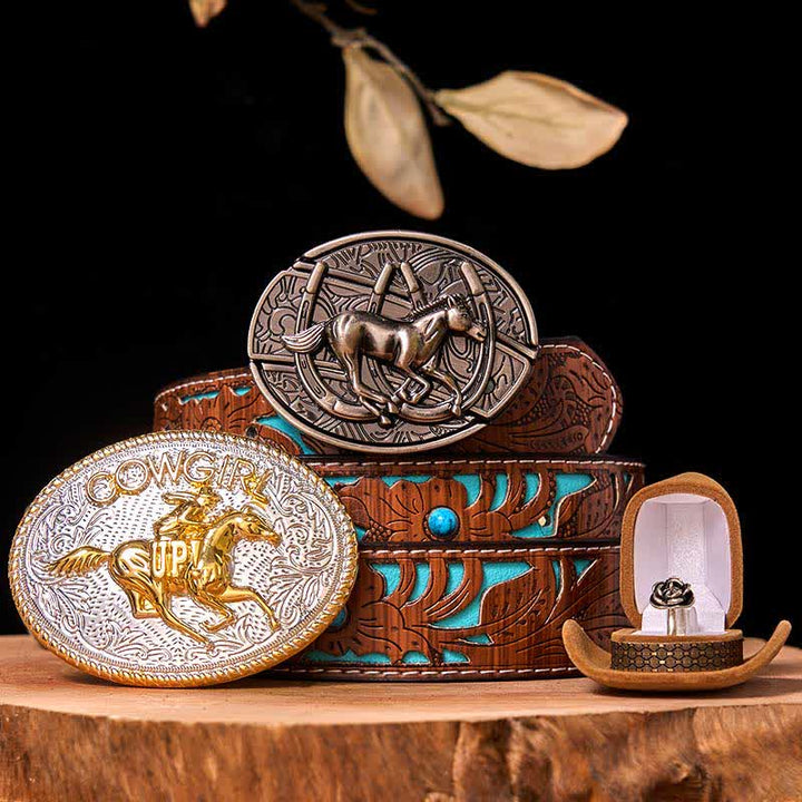 Conjunto de hebilla de cinturón con forma de vaquera, con diseño de caballo corriendo y cuchillo oculto, con anillo de rosa giratorio