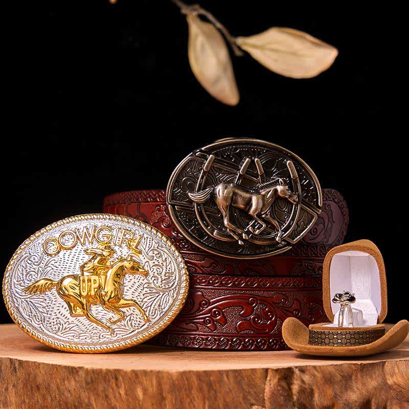 Conjunto de hebilla de cinturón con forma de vaquera, con diseño de caballo corriendo y cuchillo oculto, con anillo de rosa giratorio