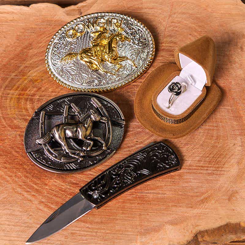 Conjunto de hebilla de cinturón con forma de vaquera, con diseño de caballo corriendo y cuchillo oculto, con anillo de rosa giratorio