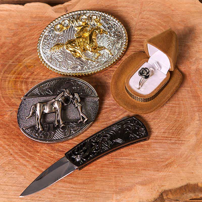 Conjunto de hebilla de cinturón con forma de vaquera occidental con cuchillo oculto, anillo de rosa con giro, bricolaje