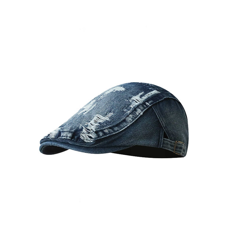 Gorra plana estilo vendedor de periódicos de mezclilla lavada y rasgada