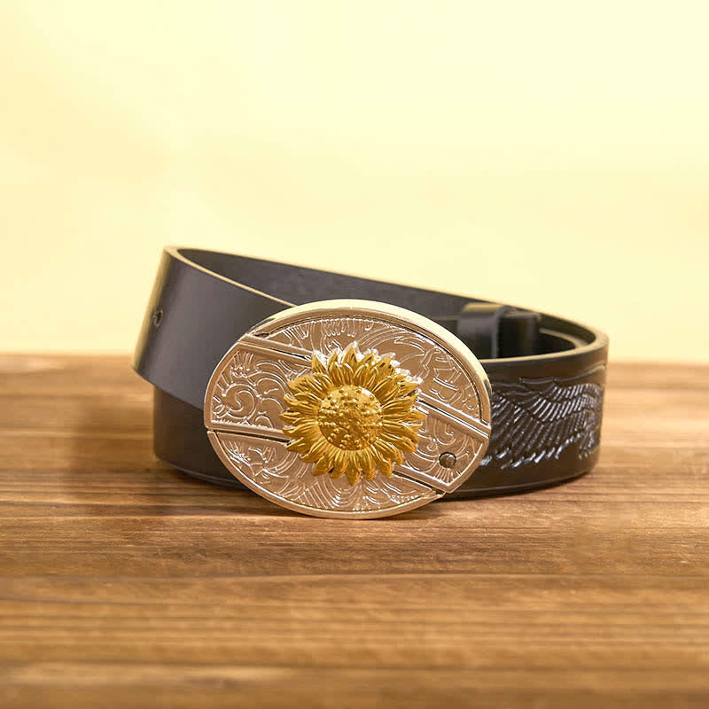 Cinturón de cuero con navaja plegable oculta con diseño de girasol dorado y plateado para hombre