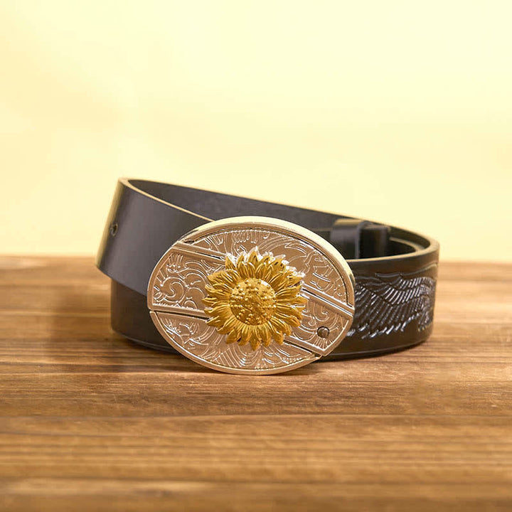 Cinturón de cuero con navaja plegable oculta con diseño de girasol dorado y plateado para hombre