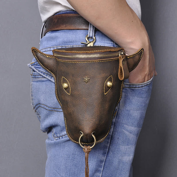 Riñonera con cabeza de vaca de cuero genuino de Caballo Loco