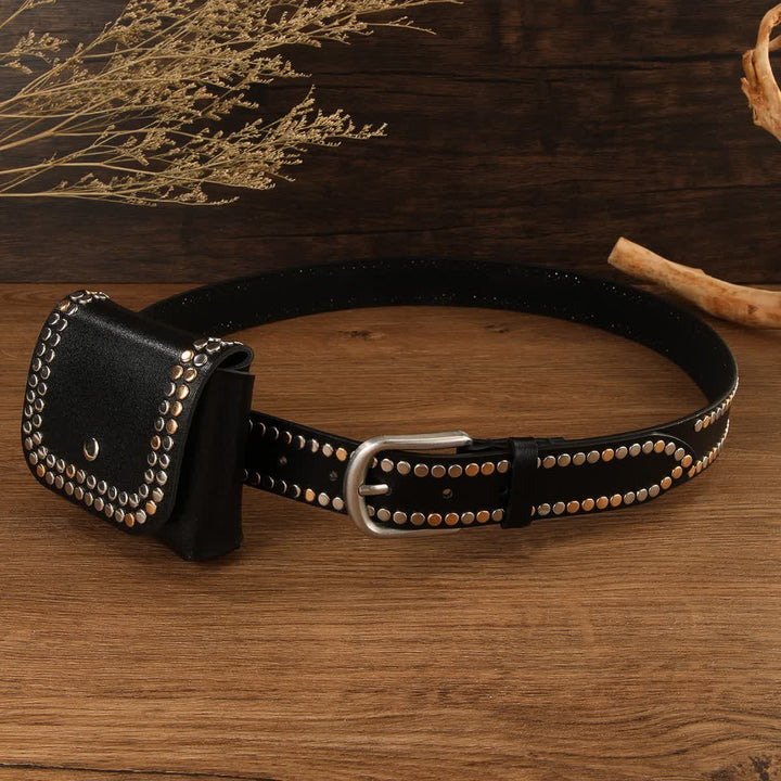 Cinturón de cuero negro con remaches punk para mujer (2 unidades) con bolsa para cinturón
