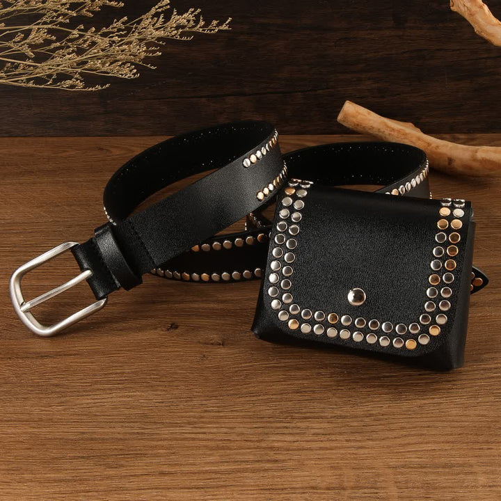 Cinturón de cuero negro con remaches punk para mujer (2 unidades) con bolsa para cinturón