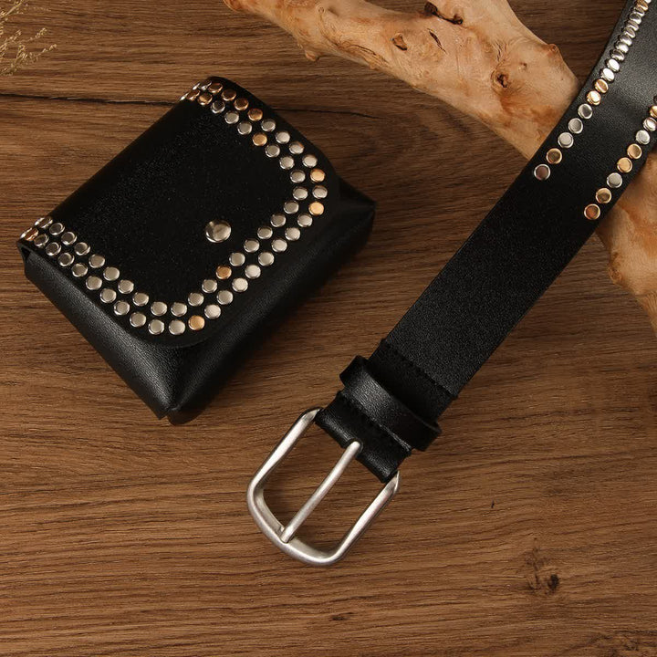 Cinturón de cuero negro con remaches punk para mujer (2 unidades) con bolsa para cinturón