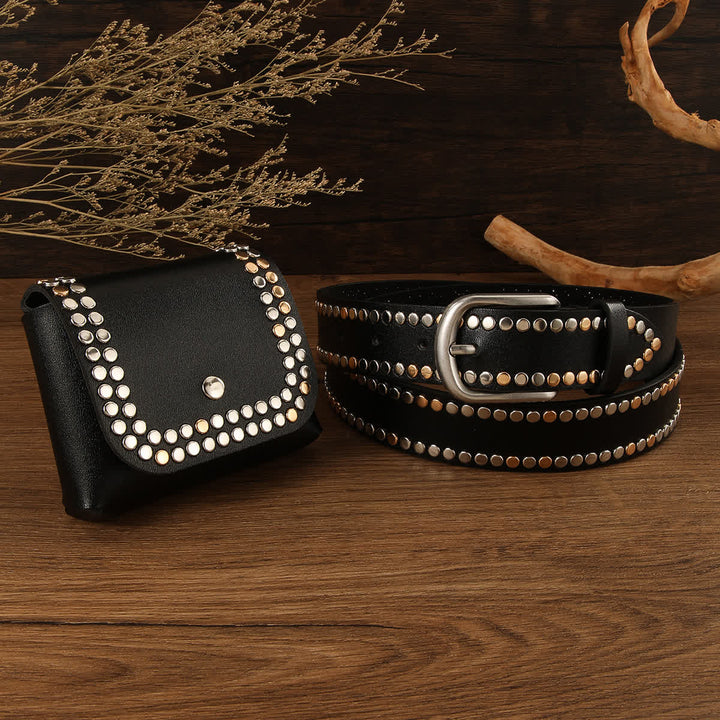 Cinturón de cuero negro con remaches punk para mujer (2 unidades) con bolsa para cinturón