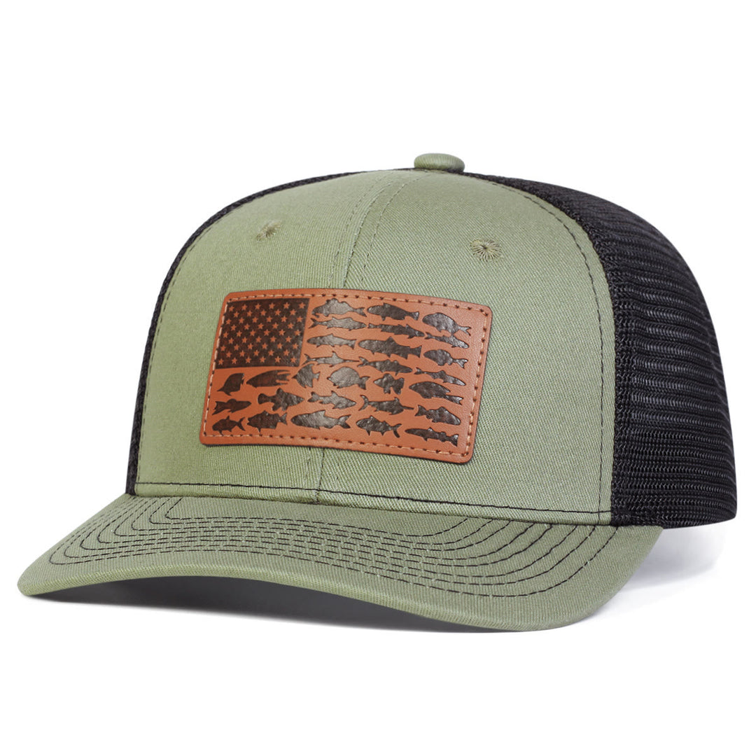 Gorra de camionero ajustable para exteriores con diseño de pez y bandera para hombre
