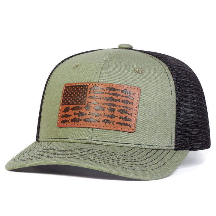 Gorra de camionero ajustable para exteriores con diseño de pez y bandera para hombre