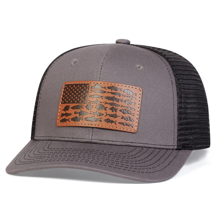 Gorra de camionero ajustable para exteriores con diseño de pez y bandera para hombre