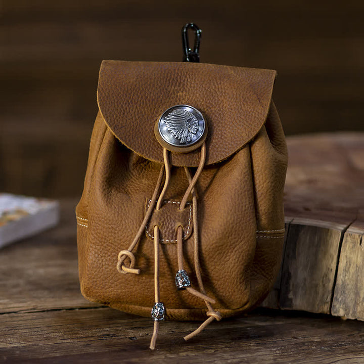 Cartera pequeña estilo indio con cordón ajustable de cuero de caballo loco