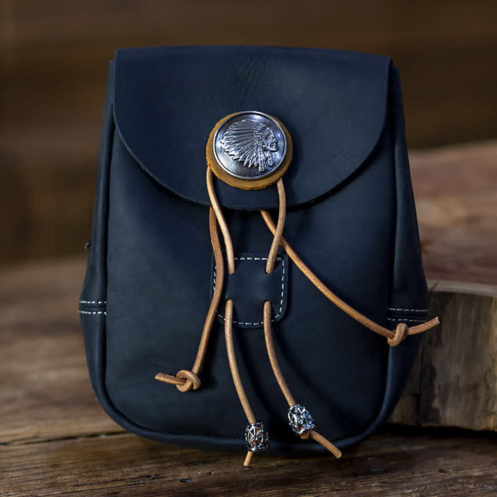 Cartera pequeña estilo indio con cordón ajustable de cuero de caballo loco