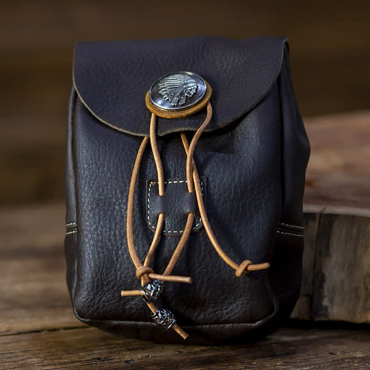 Cartera pequeña estilo indio con cordón ajustable de cuero de caballo loco