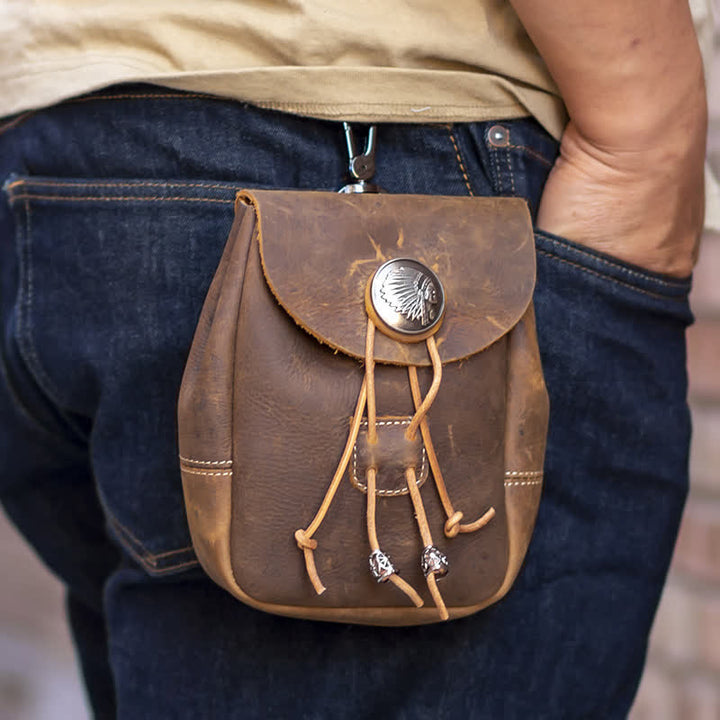 Cartera pequeña estilo indio con cordón ajustable de cuero de caballo loco