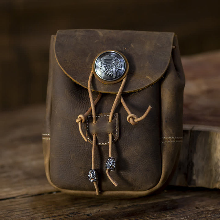 Cartera pequeña estilo indio con cordón ajustable de cuero de caballo loco