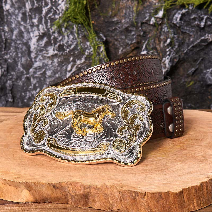 Cinturón de cuero con hebilla de vaquero occidental, hecho a mano, con caballo corriendo dorado