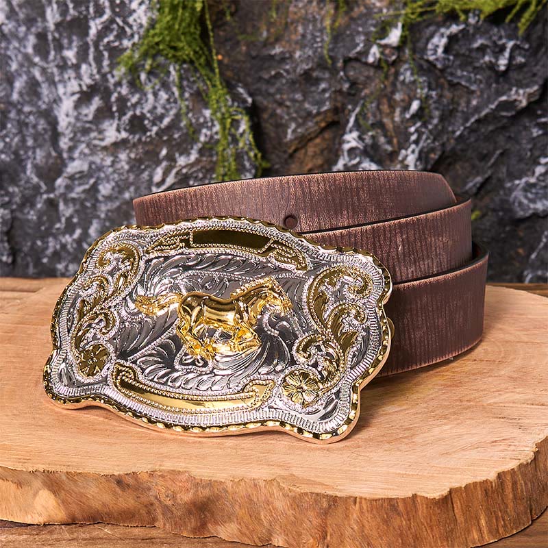 Cinturón de cuero con hebilla de vaquero occidental, hecho a mano, con caballo corriendo dorado