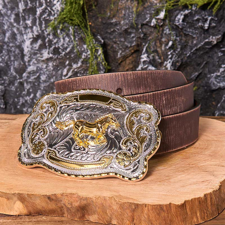 Cinturón de cuero con hebilla de vaquero occidental, hecho a mano, con caballo corriendo dorado