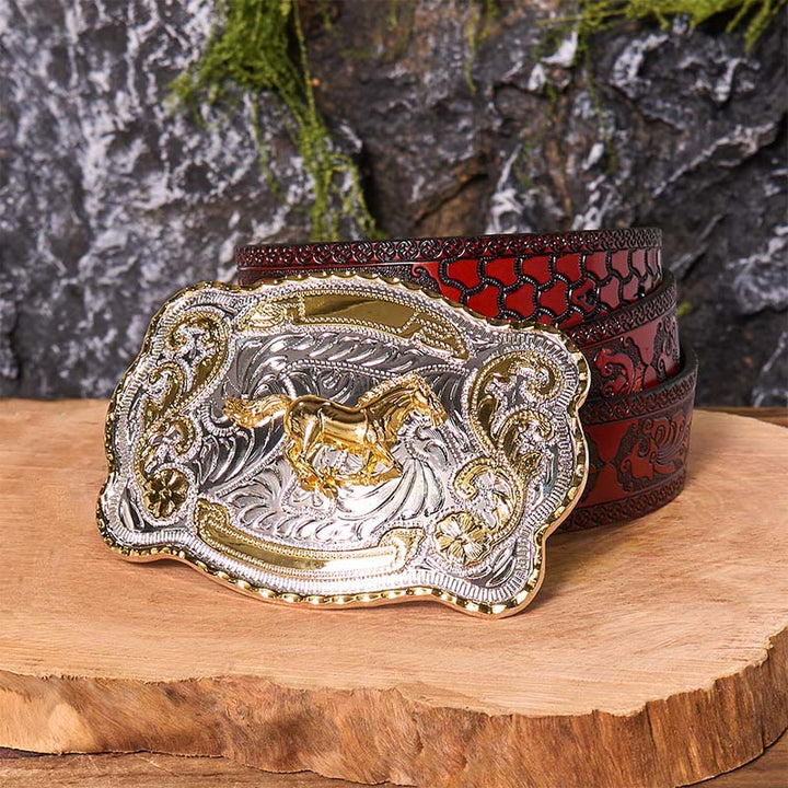 Cinturón de cuero con hebilla de vaquero occidental, hecho a mano, con caballo corriendo dorado