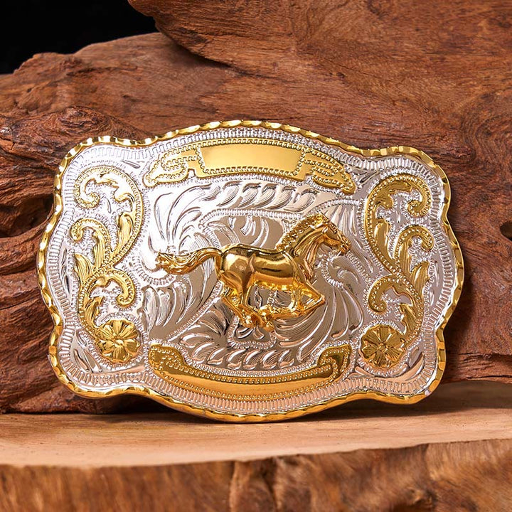 Cinturón de cuero con hebilla de vaquero occidental, hecho a mano, con caballo corriendo dorado