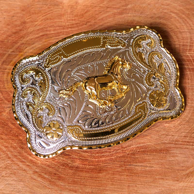 Cinturón de cuero con hebilla de vaquero occidental, hecho a mano, con caballo corriendo dorado