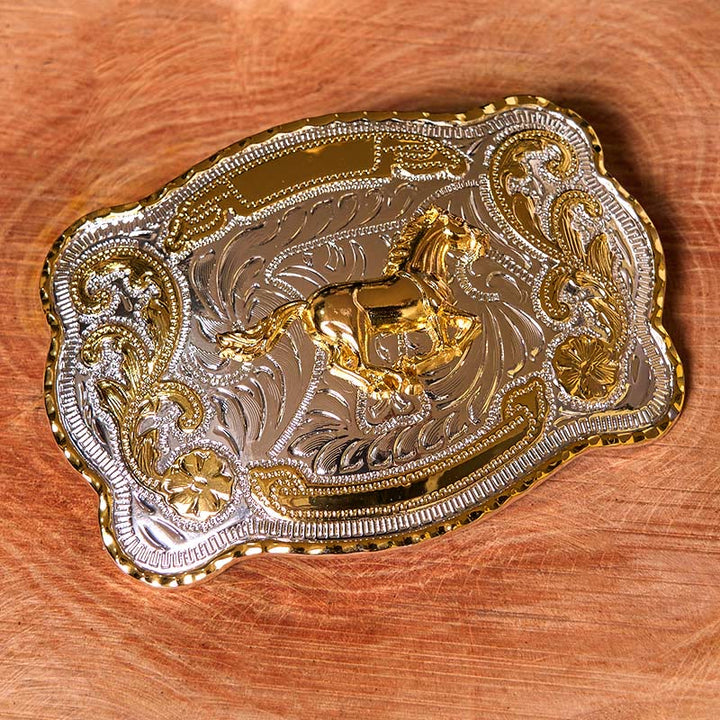Cinturón de cuero con hebilla de vaquero occidental, hecho a mano, con caballo corriendo dorado