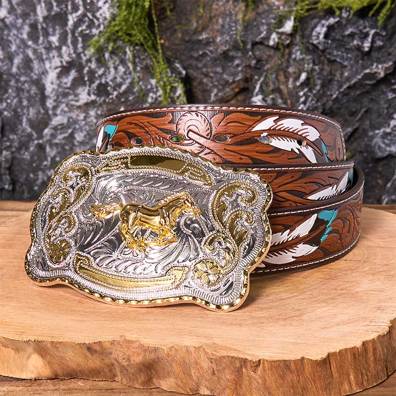 Cinturón de cuero con hebilla de vaquero occidental, hecho a mano, con caballo corriendo dorado