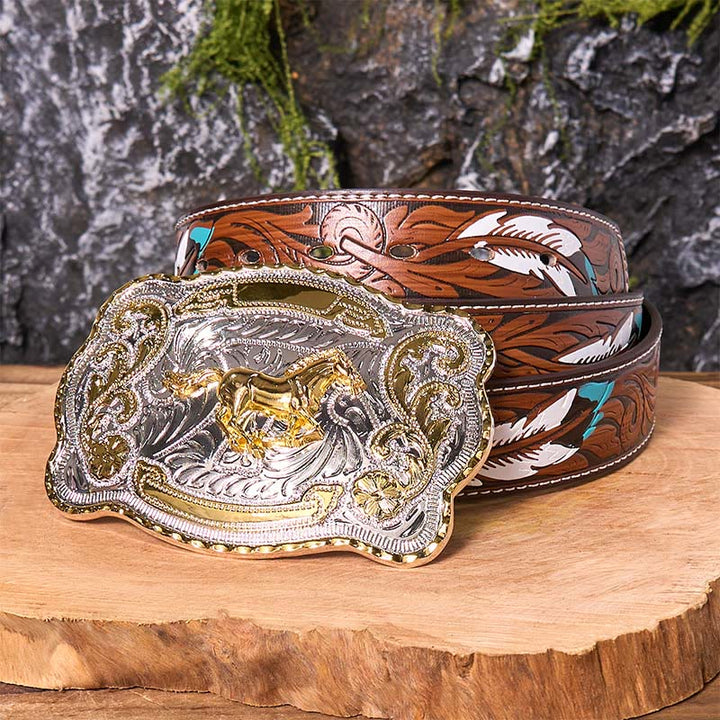 Cinturón de cuero con hebilla de vaquero occidental, hecho a mano, con caballo corriendo dorado