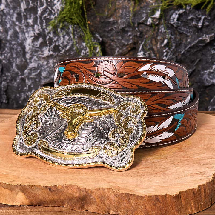 Cinturón de cuero con hebilla vaquera estilo western, hecho a mano, con cabeza de toro dorada