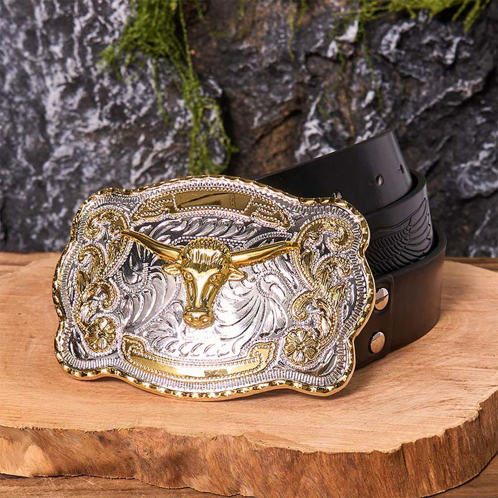 Cinturón de cuero con hebilla vaquera estilo western, hecho a mano, con cabeza de toro dorada - Cabeza de toro de oro - Cinturón de águila negra en relieve - 42 - image 6