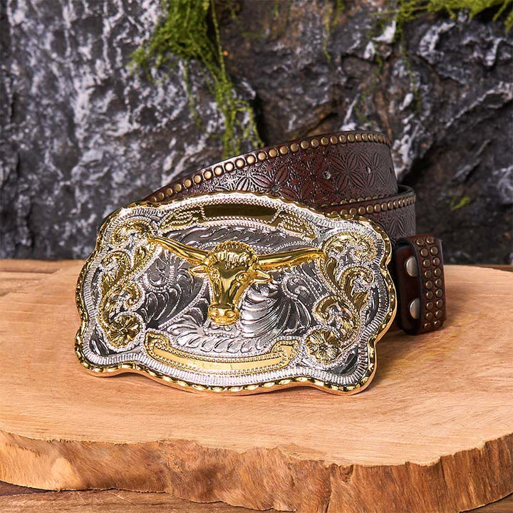 Cinturón de cuero con hebilla vaquera estilo western, hecho a mano, con cabeza de toro dorada